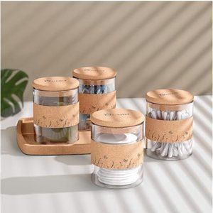 4 pk - Q-Tip Holders w/ Lids & Tray - Apotheracary Jars - Cotton Ball Canisters
